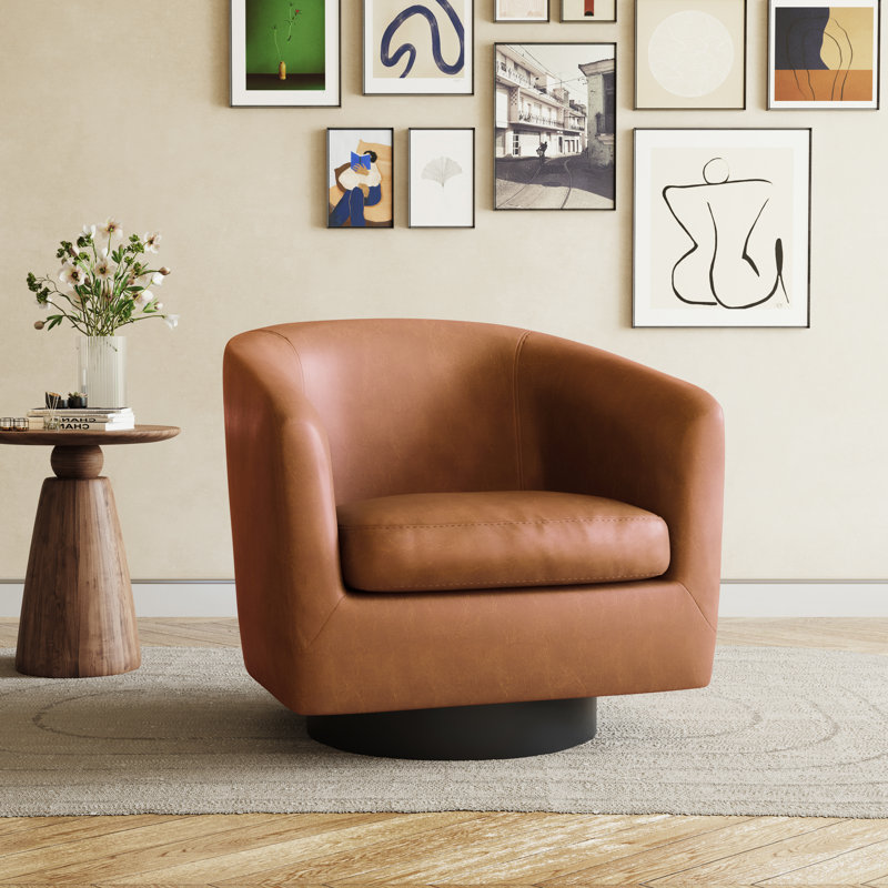 Applewold Upholstered Brown Faux Leather Swivel Barrel Chair with Solid Wood Base, Brown