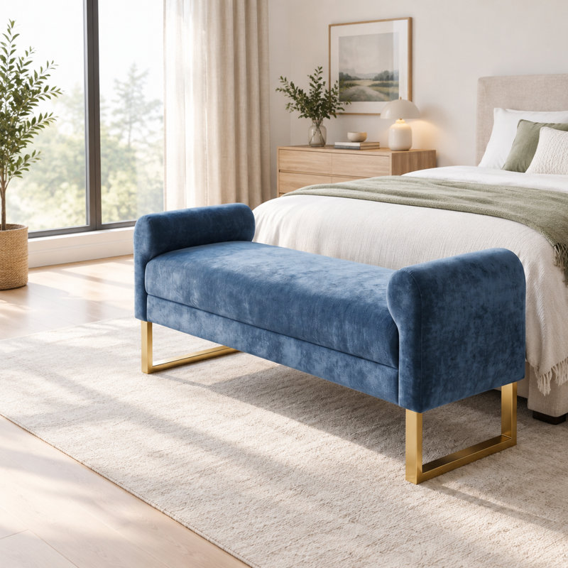 Banc ottoman moderne en chenille de 166 cm avec pieds et accoudoirs dorés pour chambre à coucher