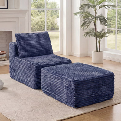 Ensemble de fauteuil modulaire en flanelle avec repose-pieds Kapellen, ensemble de 2 pantoufles et repose-pieds avec coussin, canapé sans accoudoirs «Boneless» pour chambre à coucher