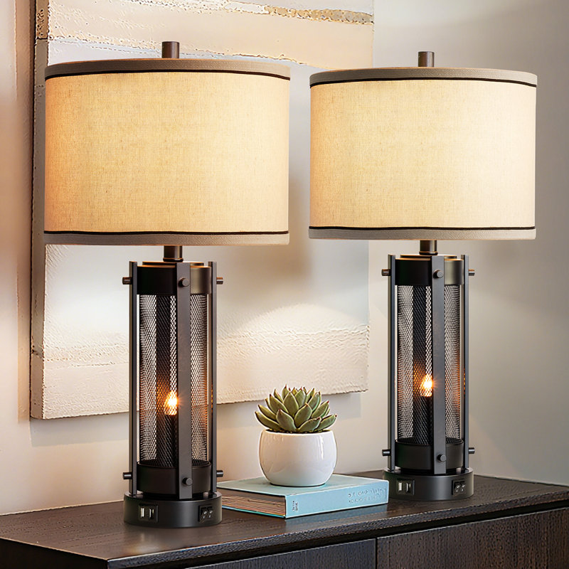 25"black Vintage Table Lamp set, for Living Room Bedroom Farmhouse Nightstand with  Dual USB Ports  and Night Light (Set of 2)