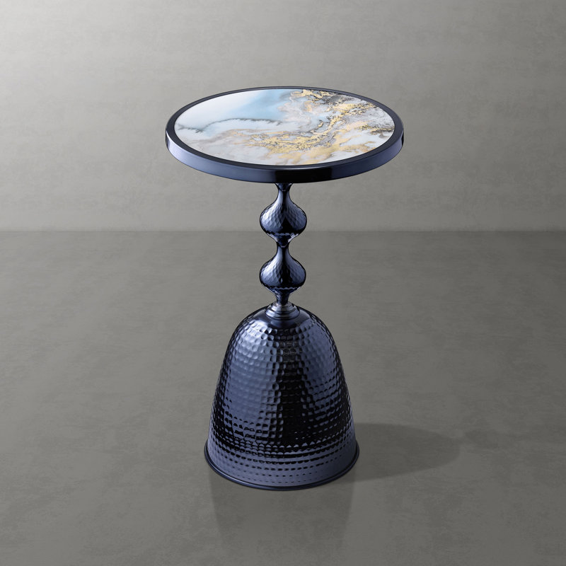 Cheryll Metal Side Table With Ocean Marble-Pattern Top And Hammered Base
