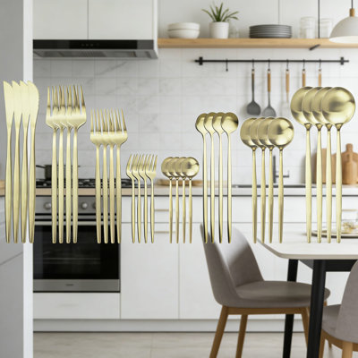 32-Piece Stainless Steel Flatware Set For 4, Premium 18/8 Cutlery Set With Dinner Forks, Knives, Spoons, Salad Forks, Coffee Spoons, And Long Handle Spoons, Satin Finish Utensils For Home Dining