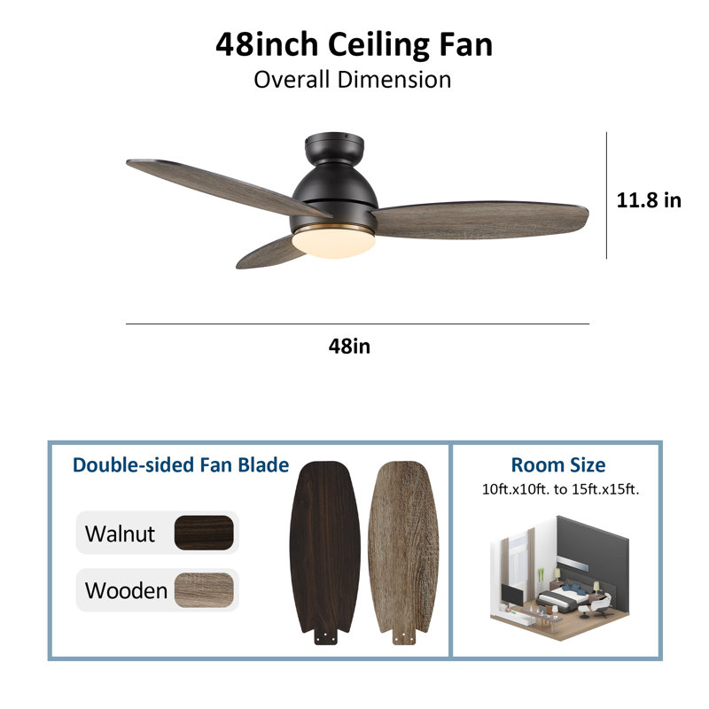 Ventilateur de plafond intelligent encastré à 3 pales 48 "avec lumière, Noir, Chêne gris