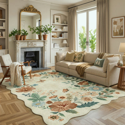 Garbrand Machine Washable Floral Farmhouse Area Rug with Non-Slip Backing for Living Room, Dining Room, Bedroom
