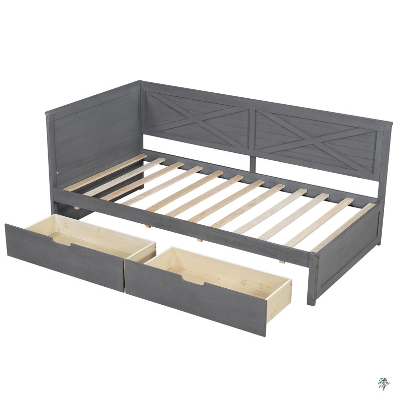 Lit de jour simple en bois avec 2 tiroirs et garde-corps rustique