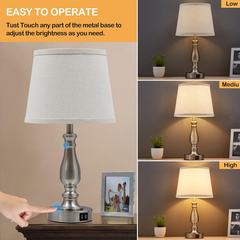 Set of 2 White Fabric Shade Nickel Touch Table Lamps