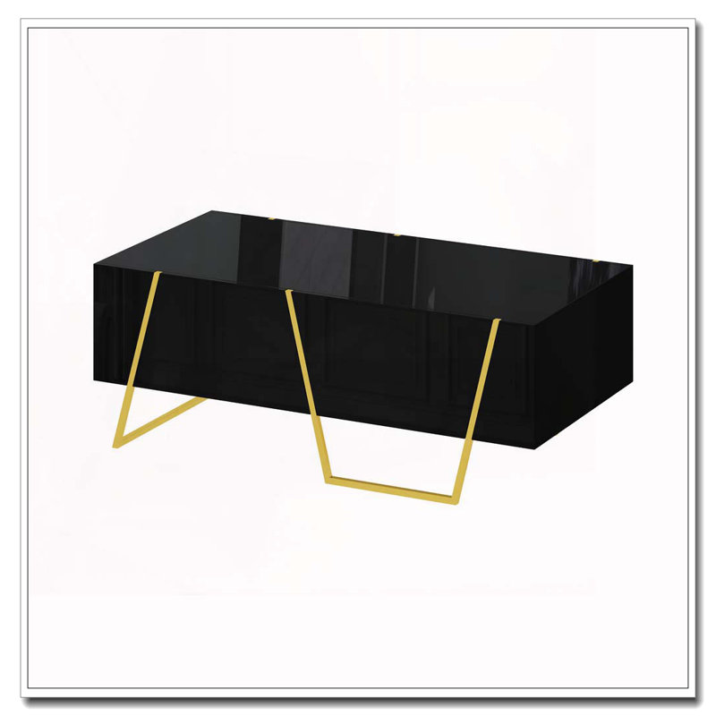 Table basse rectangulaire ultrabrillante pour le salon avec rangement et base dorée, 4 tiroirs