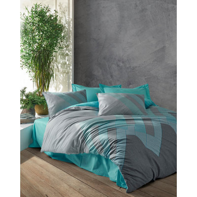Ensemble de housse de couette 100% coton cykana turquoise / gris 4 pièces