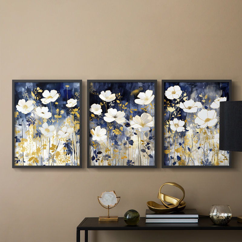 Étude florale Cxxvi -Set de 3 estampes giclées encadrées -Prêt à, Cadre noir, H 10 po x l 8 po