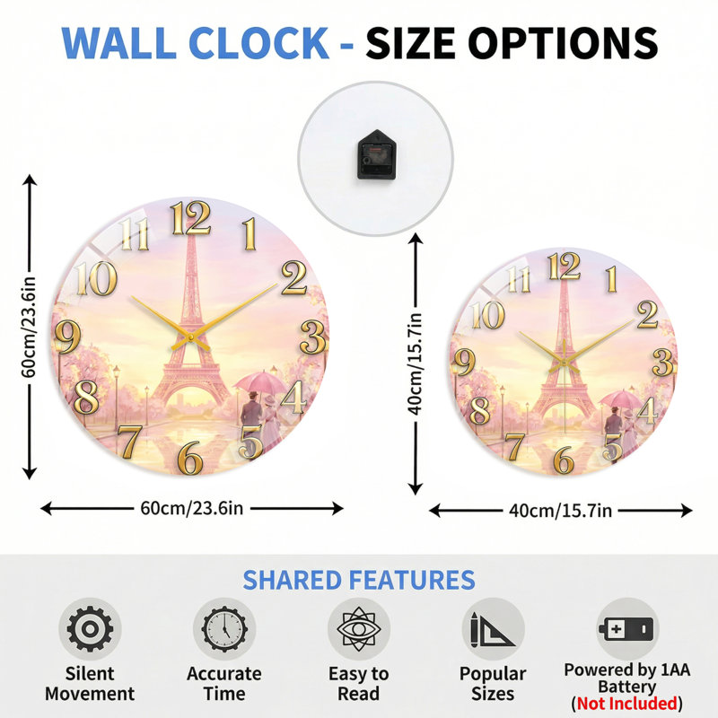 Horloge murale décorative moderne en verre Paris Romance - 23,6 po, 60 x 60 cm (23,6 x 23,6 pouces)
