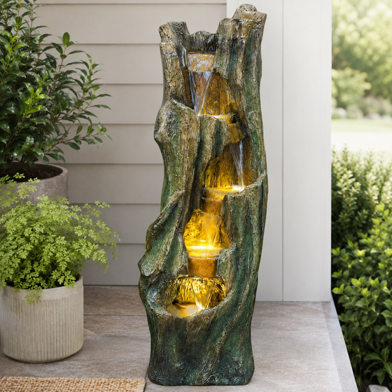 Outdoor Water Fountain with LED Lights, 39.4" Resin Tree Trunk Garden Fountain