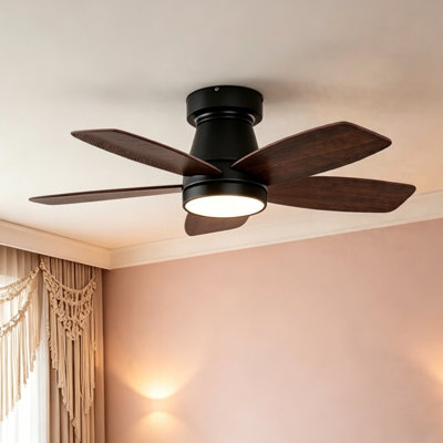 32" Flush Mount Low Profile Ceiling Fan with Light & Remote, Reversible Dimmable 3 Color LED Fan, Solid Walnut Wood Matte Black Fan Blade, Quiet Energy Efficient Fan for Bedroom Kitchen Patio