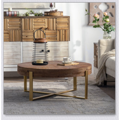 Table basse ronde avec plateau en bois manufacturé 31,29 po, table basse épissée rétro moderne, plateau en bois de sapin avec pieds en croix dorés