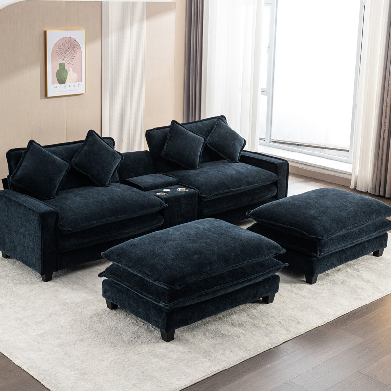 4 - Seat Blue , Double Cushion, Ports, Cup Holders, And Removable Ottomans For Relaxation Comfort Living Room, Blue
