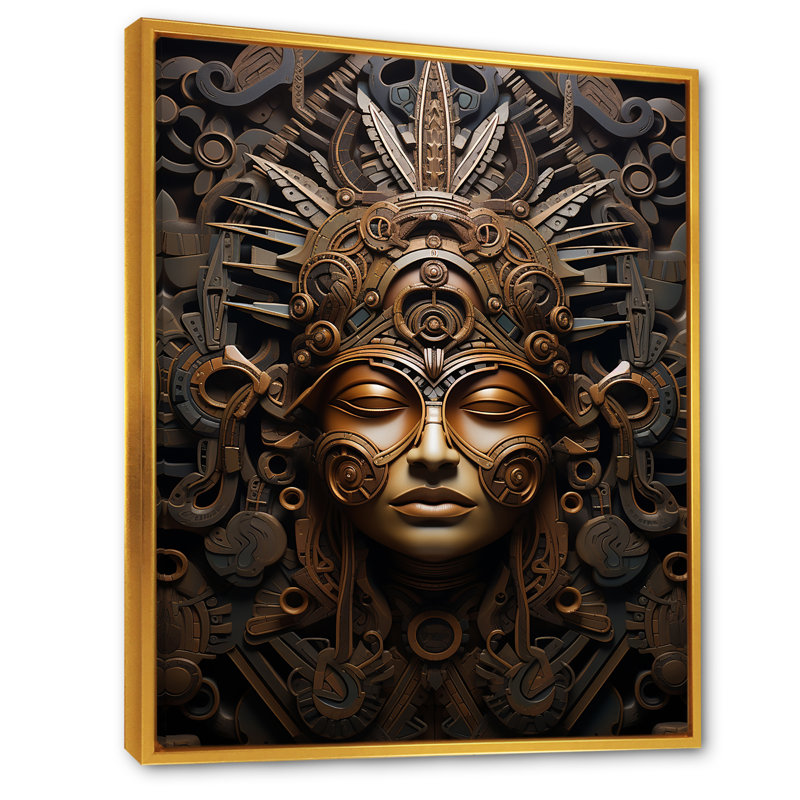 Masque aztèque antique sur toile, H 20 po x l 12 po x P 1 po, Cadre flottant doré