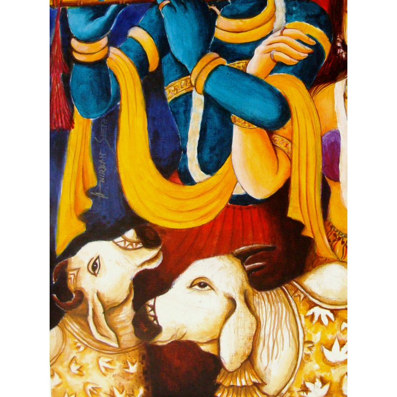 Radhey Krishna jouant de la flûte avec des veaux | Acrylique sur papier | Par Anirban Seth