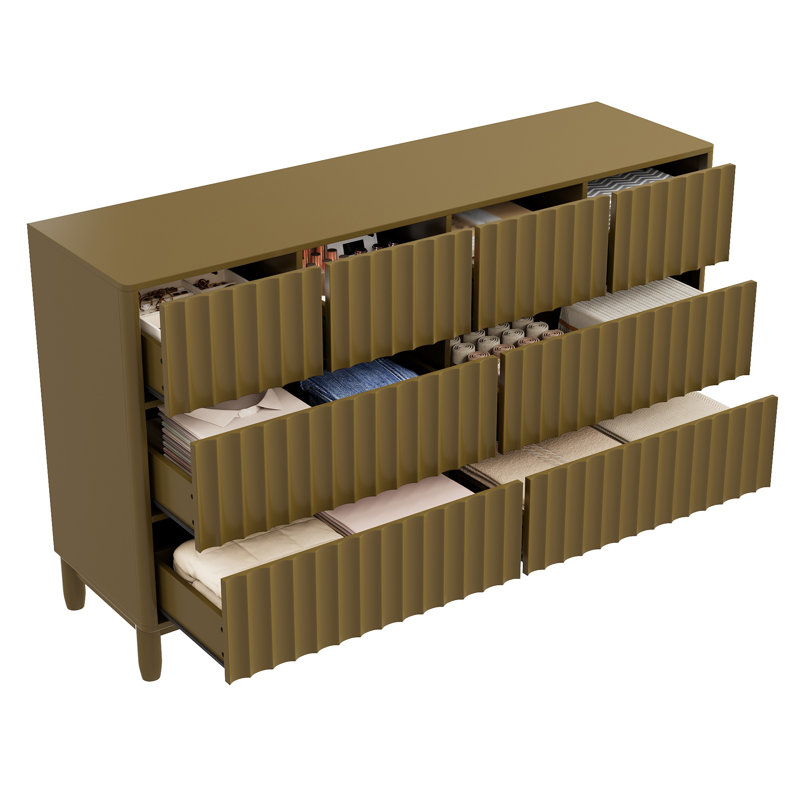 Commode et meuble télé de style moderne du milieu du siècle, 8 tiroirs cannelés, 63 pouces, pieds en bois massif, Vert olive