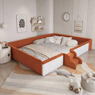 Queen Size Velvet Upholstered Daybed with Stairs & Gas Lift Storage Ottoman, Contrast Color, Padded Guardrails