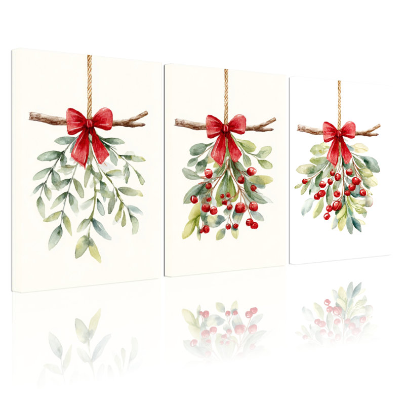 Mistletoe and Berries, aquarelle de Noël, ensemble d'art mural sur toile tendue de 3 pour les fêtes, H 30 po x l 60 po