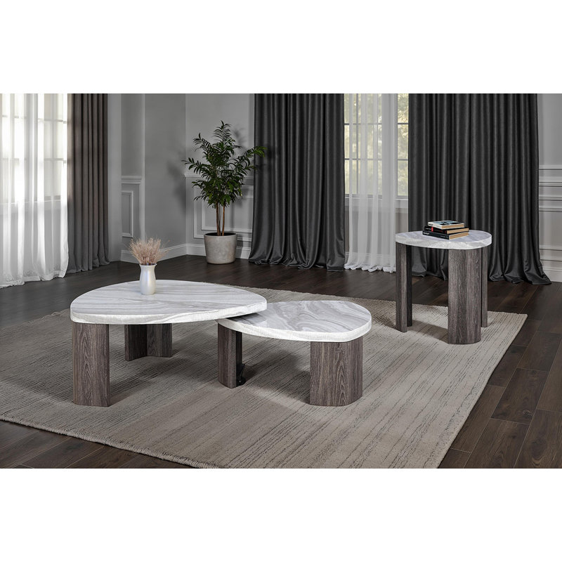 Ensemble de tables triangulaires 3 pièces de style contemporain 1 table basse gigogne 2 tables de bout en marbre