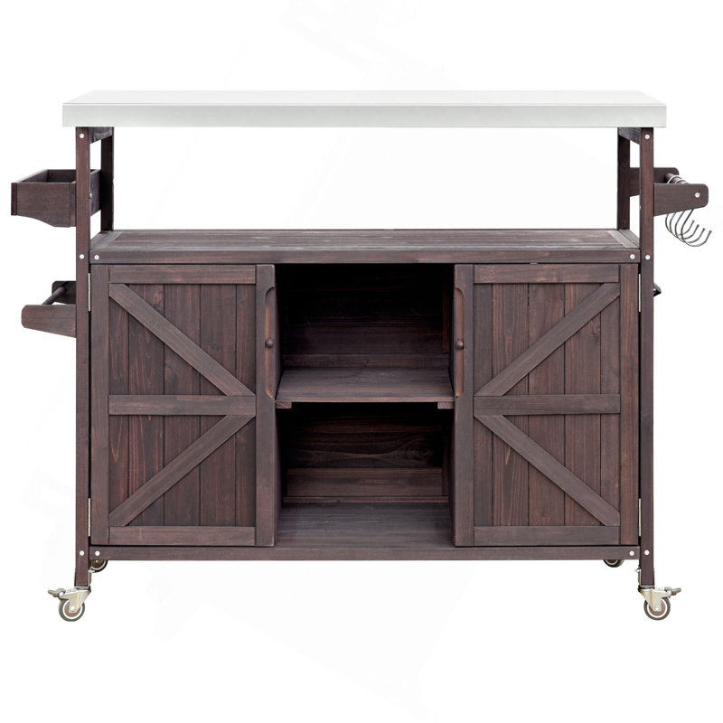 Outdoor Kitchen Island, Rolling Bar Cart & Storage Cabinet, Farmhouse Solid Wood Outdoor Grill Table With Stainless Steel Top, Spice Rack , Towel Rack For Kitchen & Barbecue