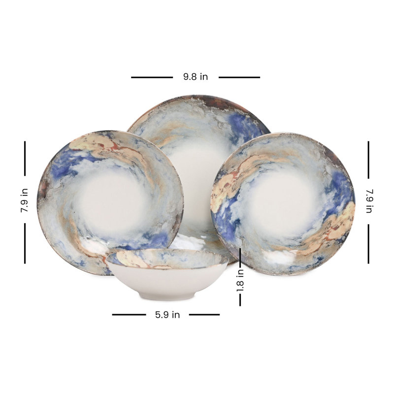 Service de table élégant 24 pièces, blanc et bleu avec des accents dorés, 100% porcelaine | Comprend 6 assiettes de service (9,8 x 9,8 x 0,8 po), 6 assiettes à dîner (7,9 x 7,9 x 1,6 po), 6 bols (5,9 x 5,9 x 1,8 po) et 6 assiettes à dessert (7,9 x 