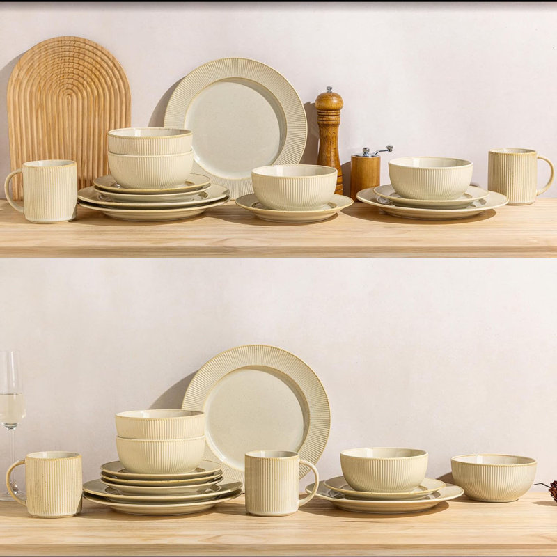 Ensemble de 18 assiettes et bols en céramique Didadi, ensembles de vaisselle en grès pour 6 personnes, ensemble de plats en relief résistant aux égratignures, allant au four, allant au micro-ondes et au lave-vaisselle, cappuccino