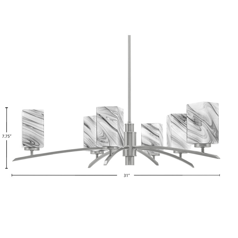 Lustre 6 lumières Kurve illustré en finition graphite avec verre tourbillon onyx carré de 3,5 po