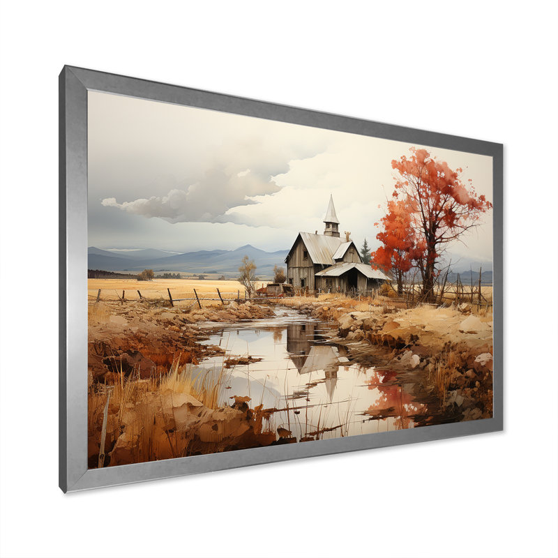 «Peaceful Barnyard Landscape» sur toile, Cadre simple argenté, H 16 po x l 32 po x P 1 po