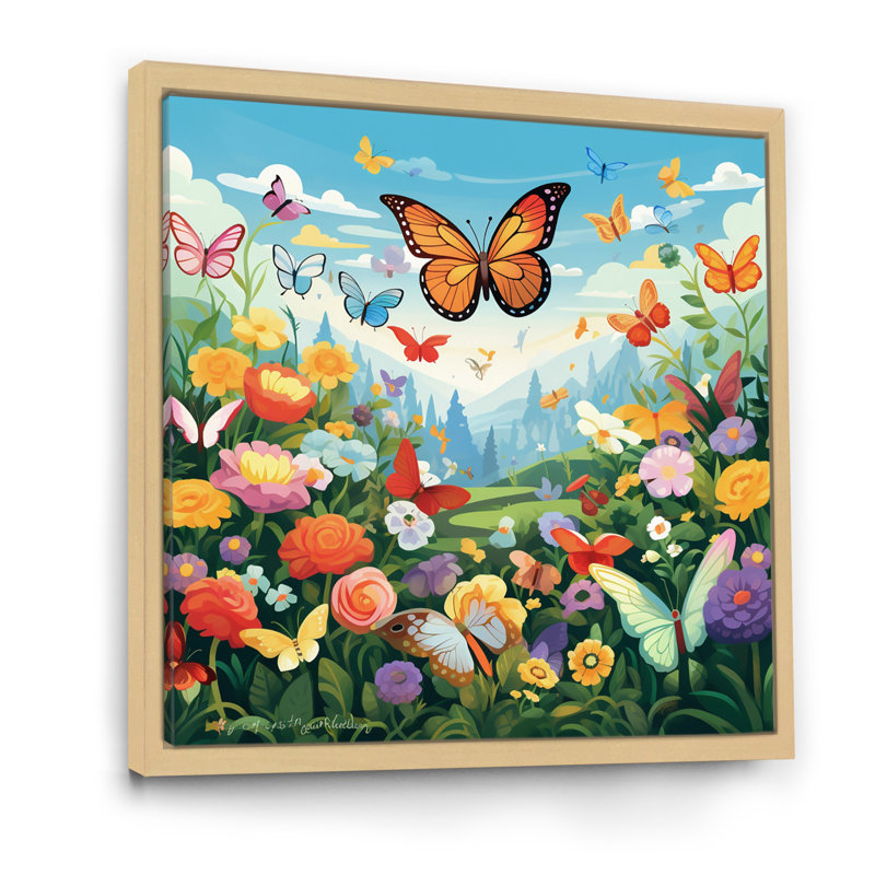 Champ de fleurs orange papillon monarque idyllique, H 36 po x l 36 po x P 1,5 po, Cadre naturel flottant