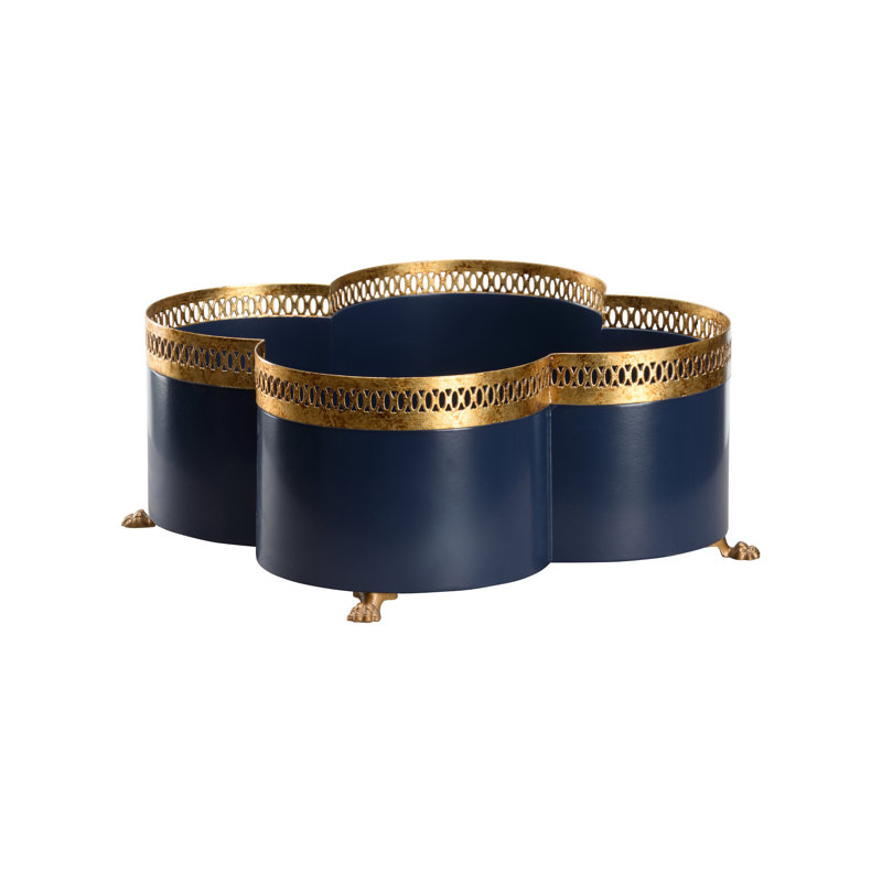 Tracery Cachepot - Navy Blue (SM), Blue/Gold, 7" H x 14" W x 14" D