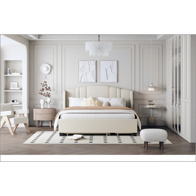 Upholstered Platform Bed With Wingback Headboard, Twin Trundle And 2 Drawers