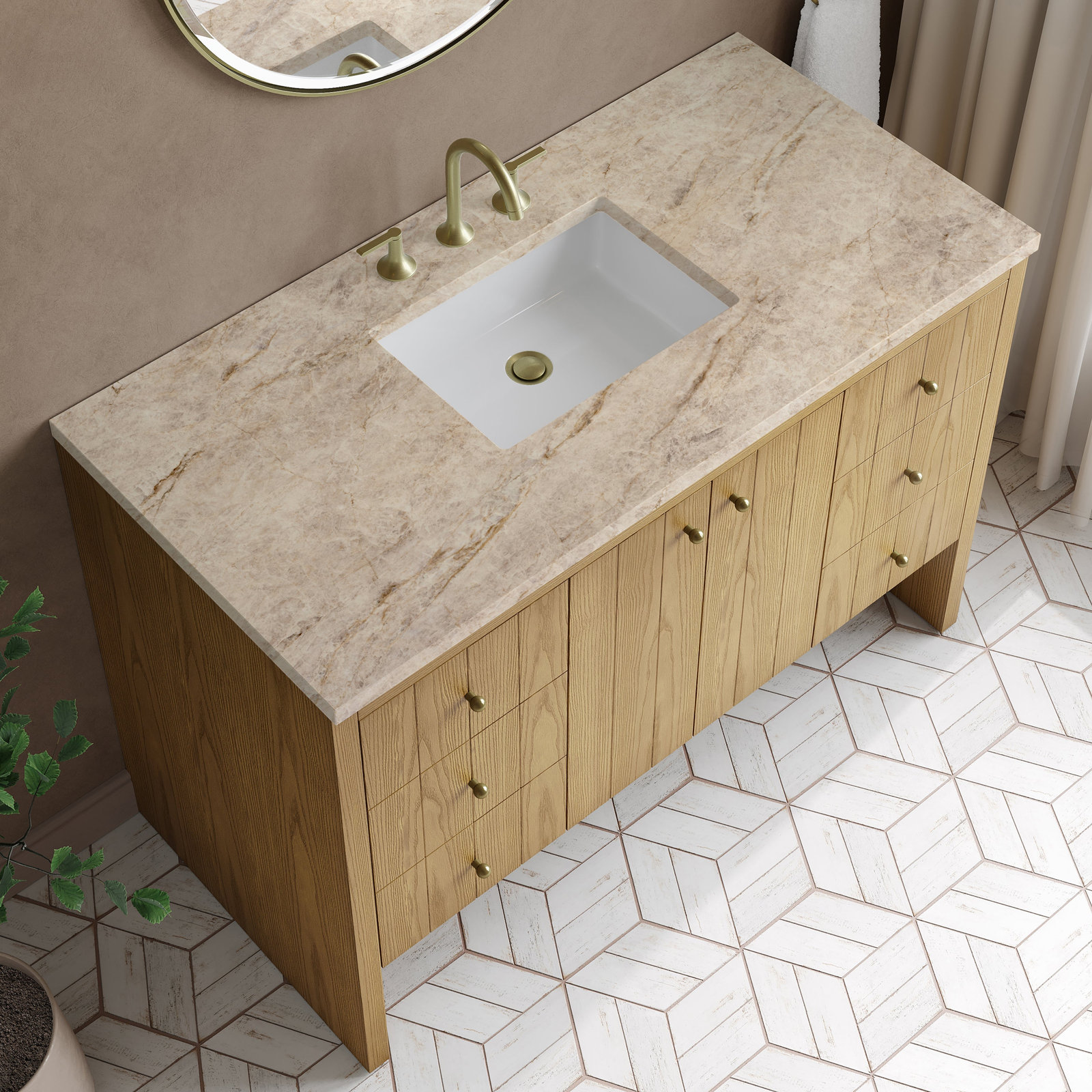 Hudson 48'' Single Bathroom Vanity, Light Natural Oak, Tajnar Eclos, 8" Widespread