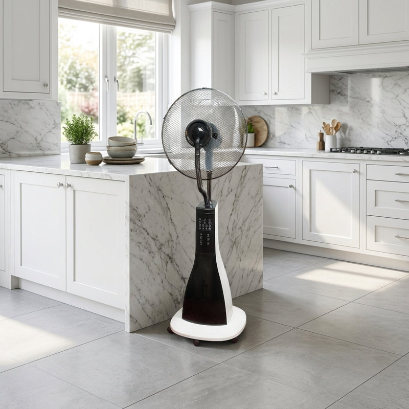 XBrand 47" Misting Fan with Built-in Water Tank, Oscillating Pedestal Fan for Indoor Outdoor Patio Cooling, Remote, Timer, 3 Speeds, Powerful Summer Cooling Fan Black White