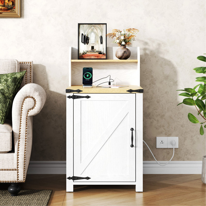 Farmhouse Nightstand With Charging Station, 18 Inch End Table With Barn Door And Adjustable Storage, Rustic Wood Sofa Side Table With Magnetic Door For Living Room, Bedroom, Antique White | Gift Idea