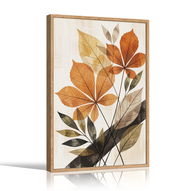 Toile murale texturée à motifs de feuilles botaniques rouille et vertes, H 36 po x l 24 po