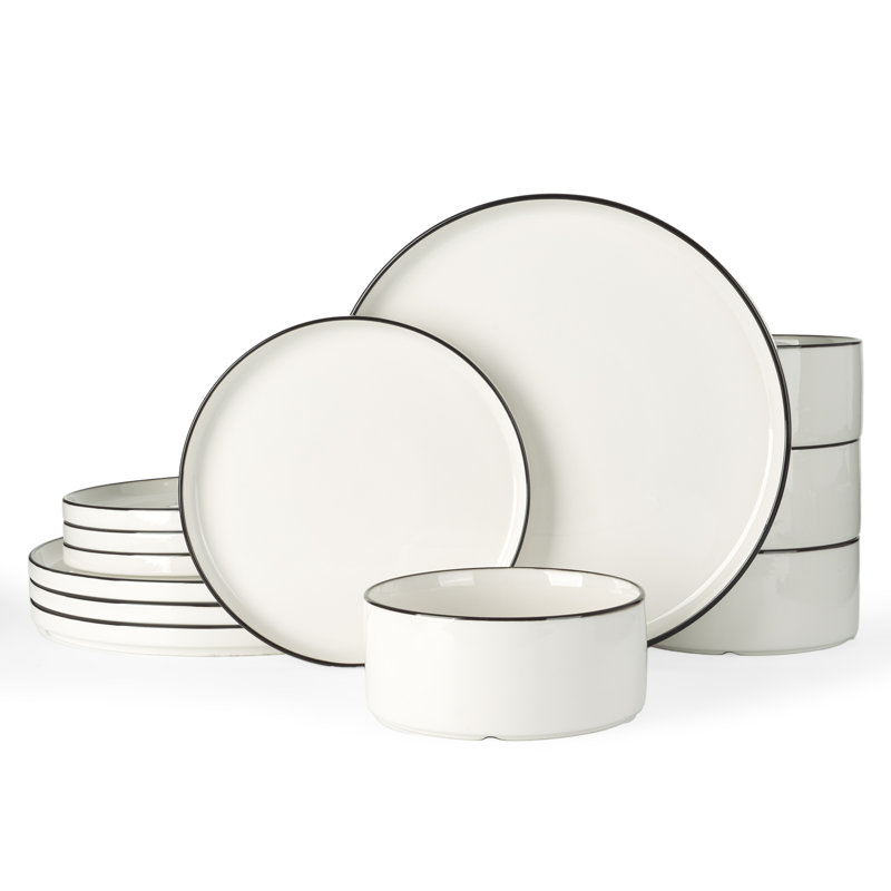 12-Piece Porcelain Dinnerware Set - Service For 4, White/Black