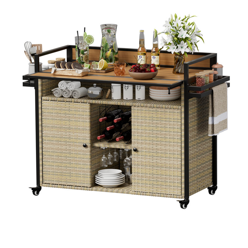 Outdoor Wicker Bar Cart with Storage & Extendable Top - Rolling Kitchen Island for Patio, Backyard, and Entertaining