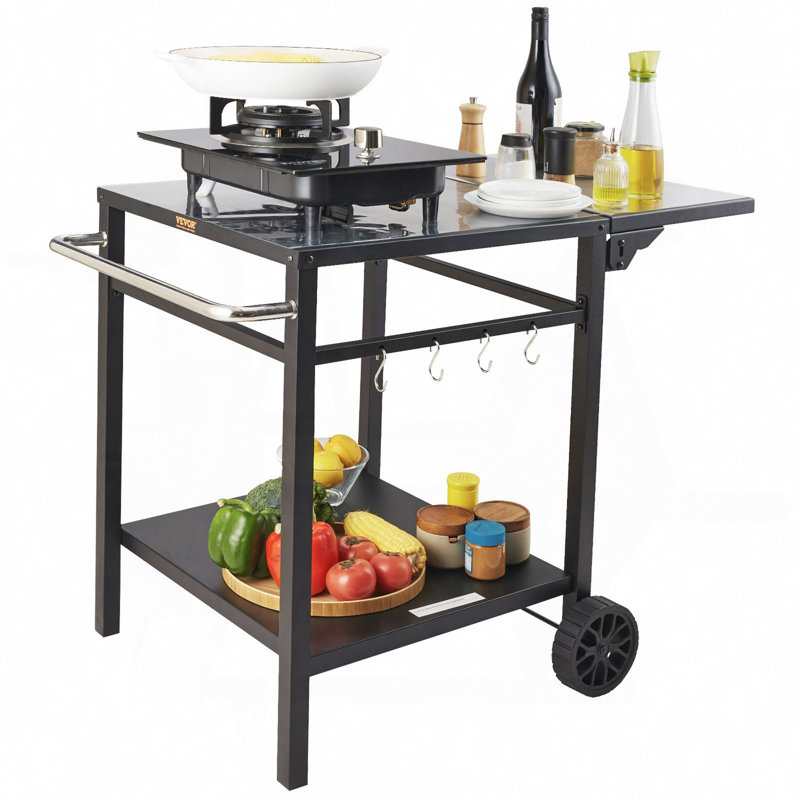 Chariot de salle à manger d'extérieur avec double tablette, table de préparation pour barbecue mobile, plateau de table en fer pliable multifonctionnel, chariots modulaires portables pour four à pizza, table de travail avec 2 roues, poignée de transp