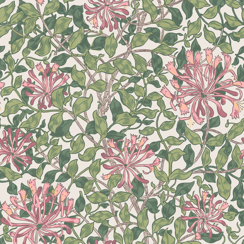 William Morris Honeysuckle Verde Wallpaper, Pink