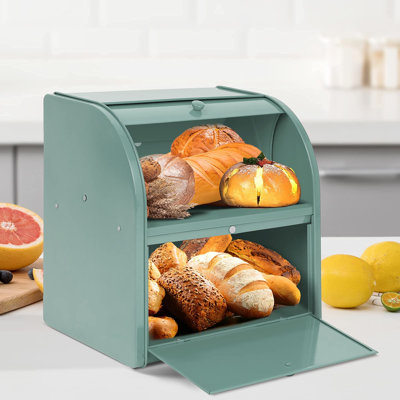 Boîte à pain en acier inoxydable, boîte à pain à 2 compartiments avec couvercle à enroulement, grand contenant de rangement pour aliments pour le comptoir de la cuisine, boîte à pain en métal, porte-pain pour comptoir, (vert)