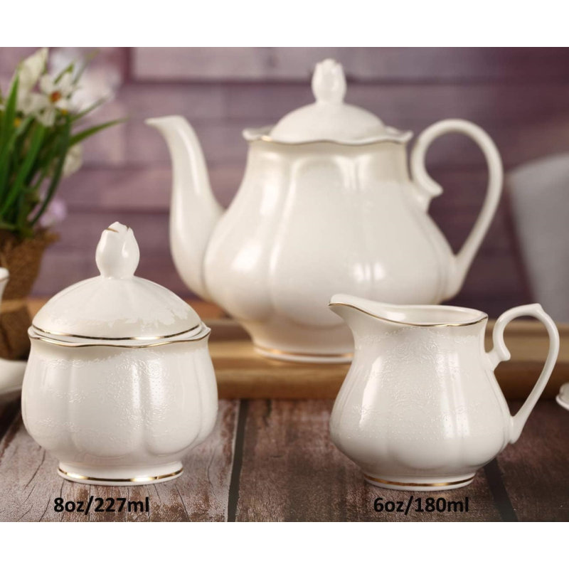 White Lotus Shape Porcelain Tea Set with Gold Trim