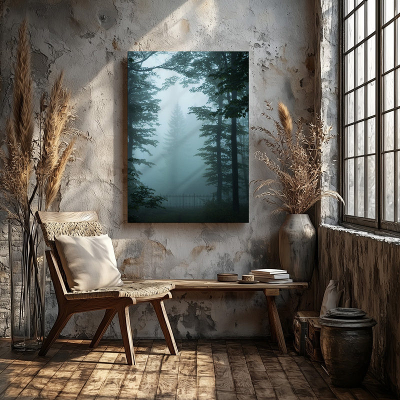 Toile «A Dense Fog Envelopps A Tranquil Forest Scene Where Towering Wall Art Trees with Intricate Branches Stretch Across The Frame», reproduction d'art