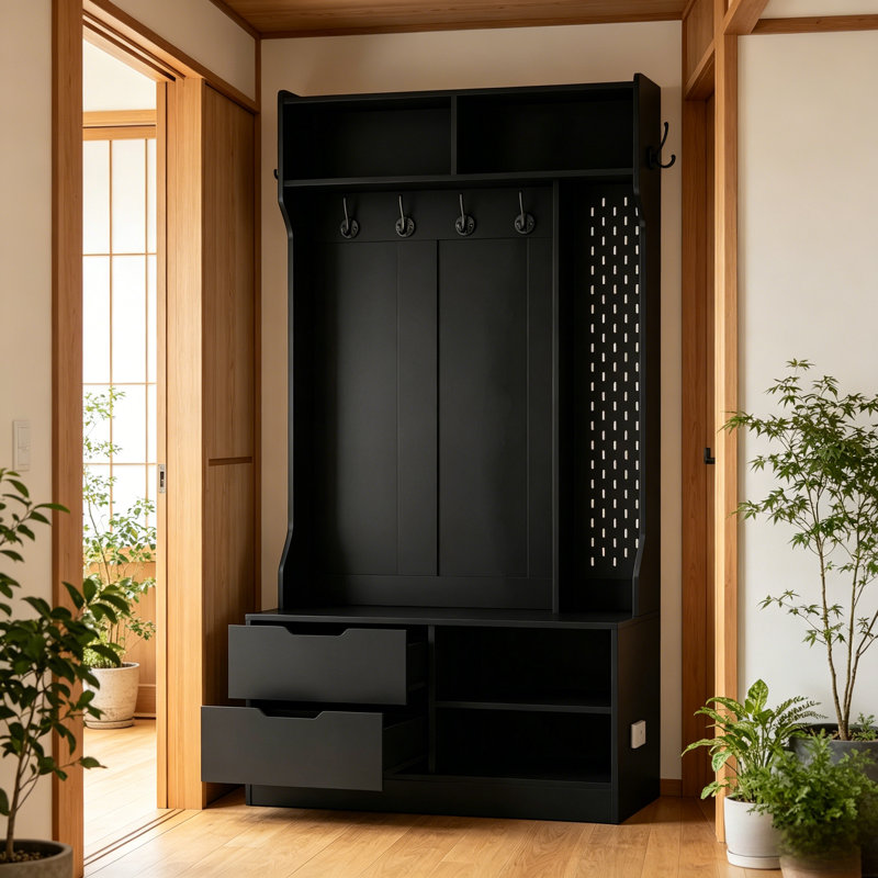 The Black Hall Tree Entryway Cabinet Features 6 Practical Hooks, Along With A Coat Rack And Storage Bench, Making Entryway Organization Easier.