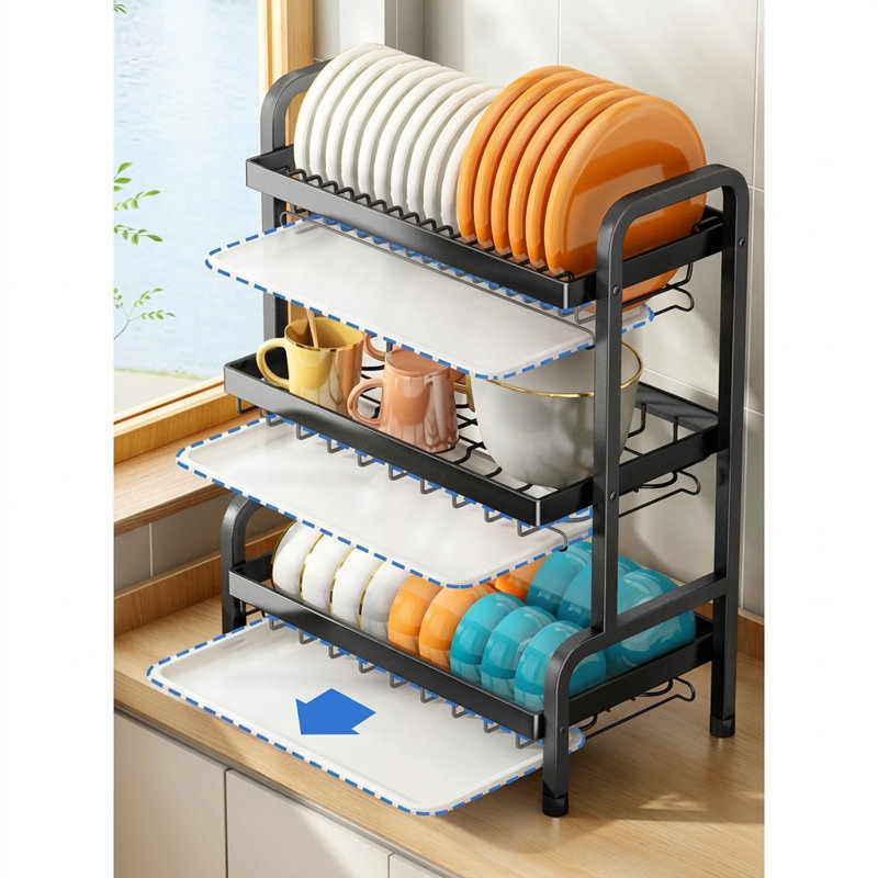 3 Tier Dish Drainer Rack with Drip Tray Cutlery Holder Plate Rack Kitchen Sink