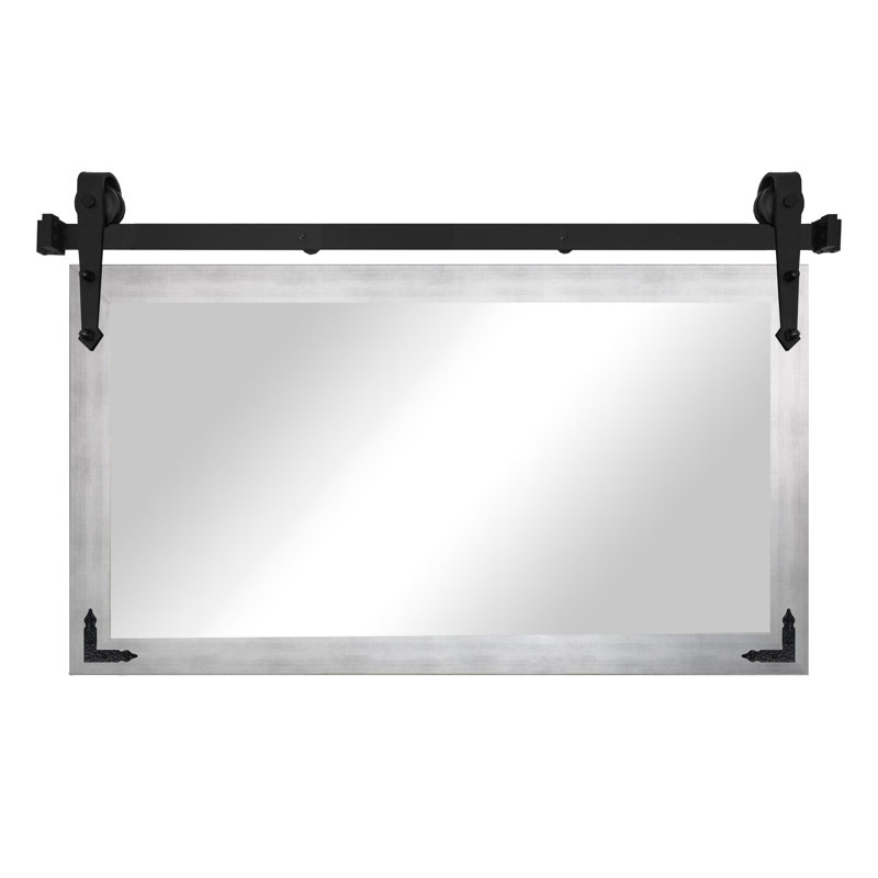 Miroir rustique moderne avec rail de porte de grange en acier et supports de coin décoratifs en métal, 32x33, Argent mat