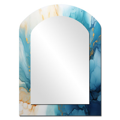 Blue And Gold Abstracted River Flow - Blue Arch Decorative Wall Mirror, Traditional Asymmetrical Mirror, Printed Metal Art