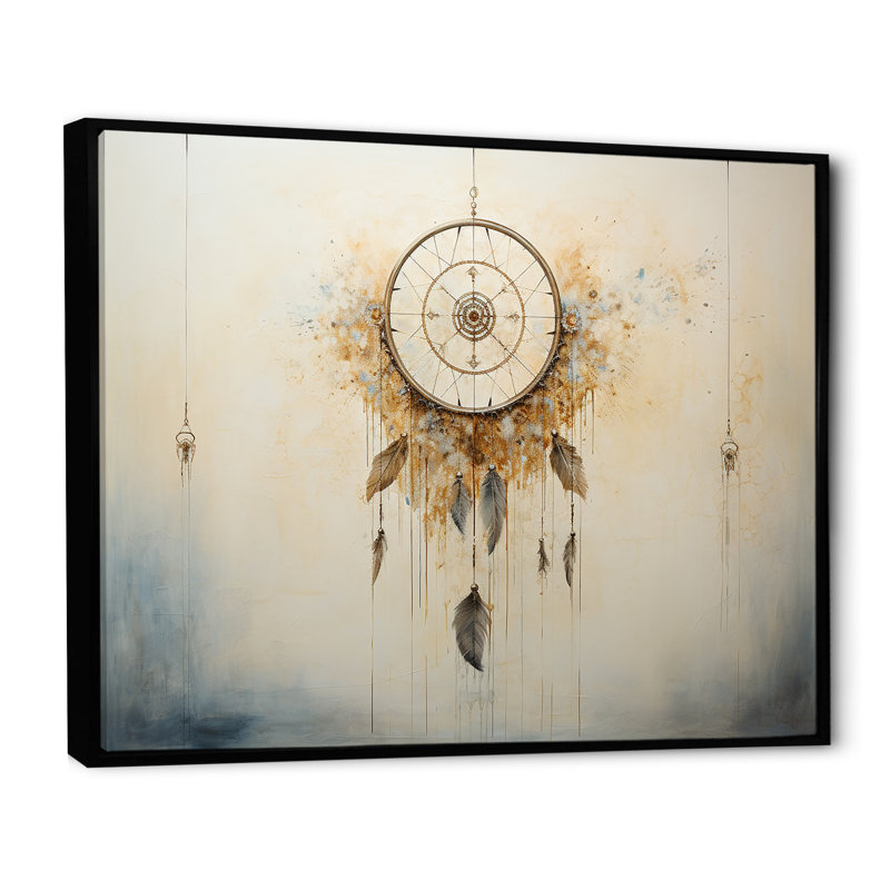 Capteur de rêves beige et gris sérénité, Cadre flottant noir, 12" H x 20" W