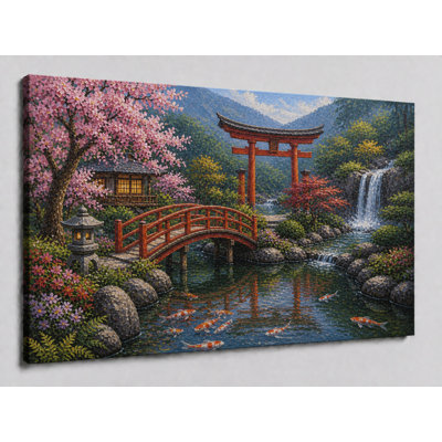 Large Japanese Garden Torii Bridge Wall Art Waterfall Koi Peaceful  Painting for Living Room Bedroom Decor 24x36 Inch Frameless Canvas Print - Ready to hang