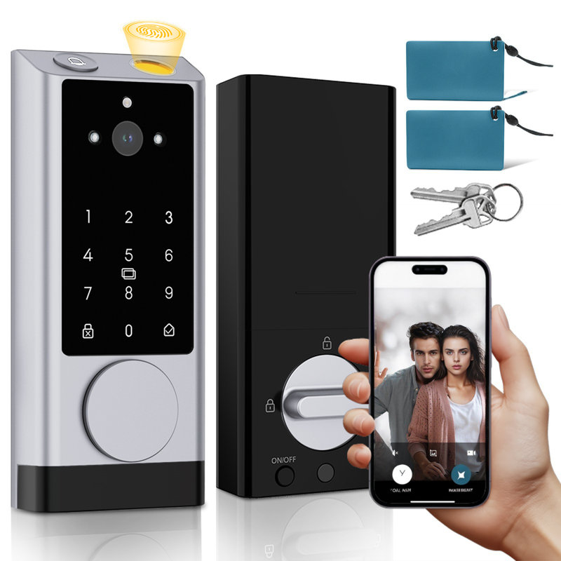 6-in-1 Video Smart Lock with Camera & Doorbell - Fingerprint, Auto Lock, Wi-Fi, IP65 for Front Door, Silver